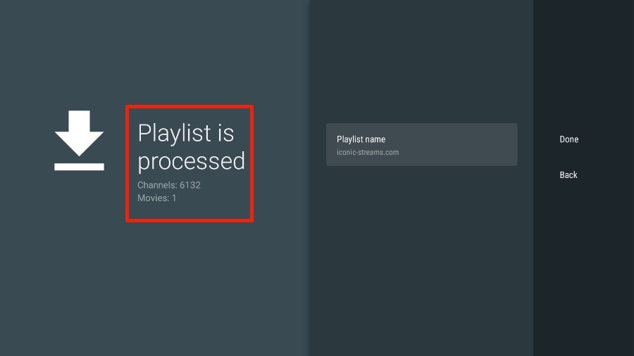 TiviMate verarbeitet eine IPTV-Wiedergabeliste auf Firestick. Der Bildschirm zeigt die Anzahl der verfügbaren Kanäle und Filme nach Eingabe des M3U-Links in getxtremeiptv.