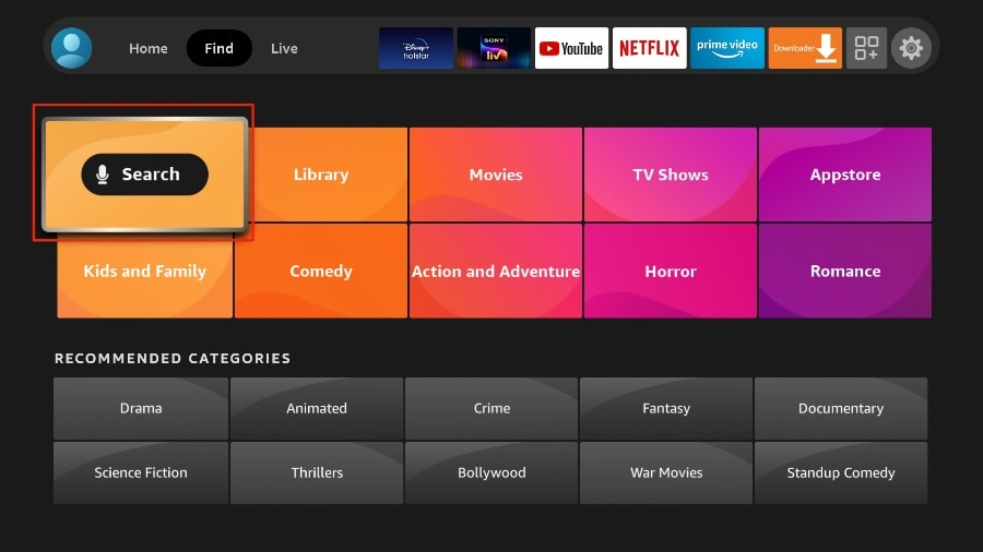 Fire TV-Suchbildschirm mit Kategorien für Filme, TV-Shows, Appstore und hervorgehobenem 'Suchen'-Button.