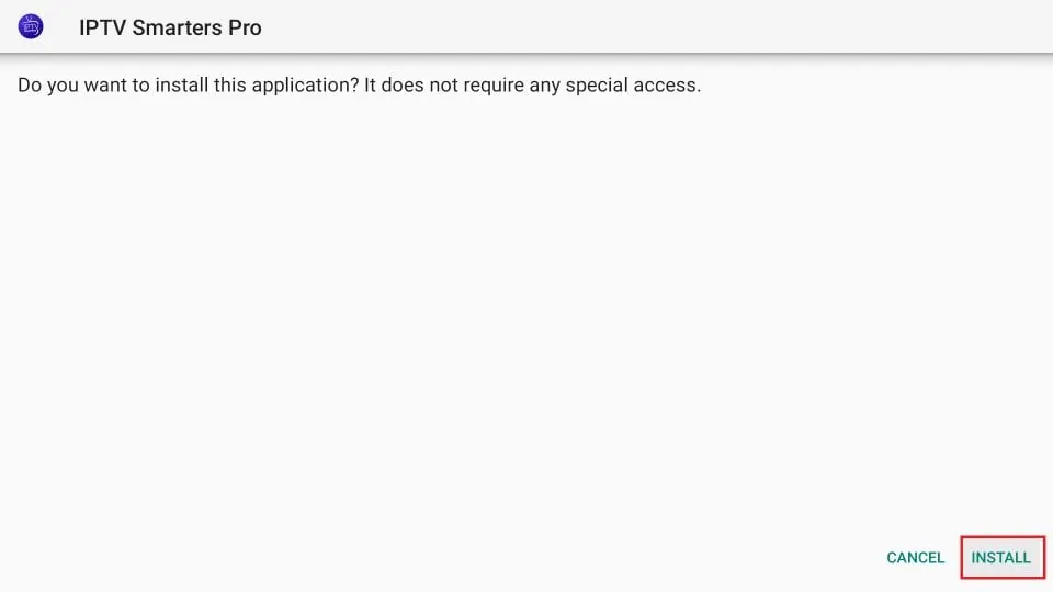 Installationsbildschirm von IPTV Smarters Pro auf dem Firestick mit hervorgehobenem 'Installieren'-Button.