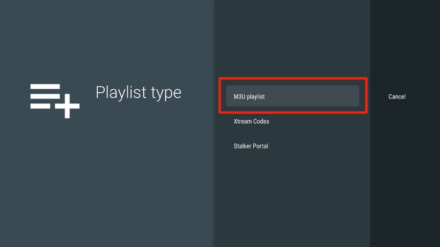 Auswahl einer M3U-Wiedergabeliste in TiviMate auf dem Firestick zur Einrichtung des IPTV-Streamings. Diese Option ermöglicht das Eingeben der IPTV-Zugangsdaten.
