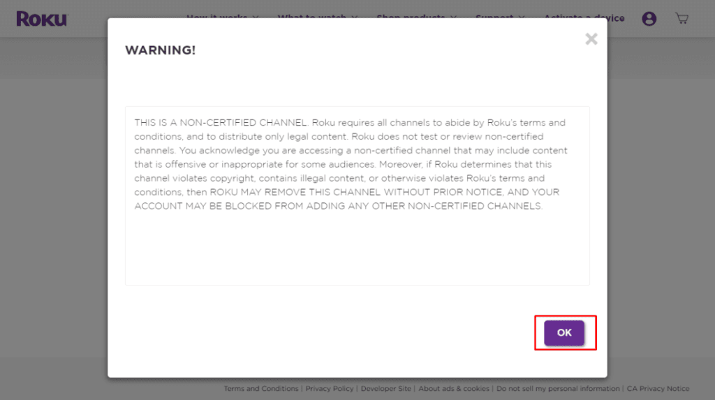 Roku-Warnmeldung für nicht zertifizierte Kanäle mit einer Bestätigungsschaltfläche für den Nutzer.