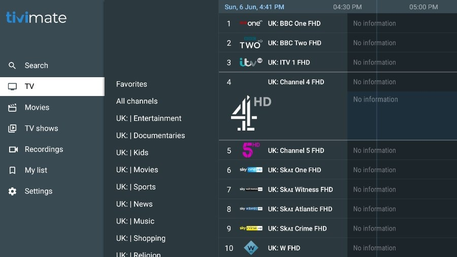 Die TiviMate IPTV-App zeigt den elektronischen Programmführer (EPG) und die UK-Kanalliste mit verfügbaren Kanälen für getxtremeiptv an.